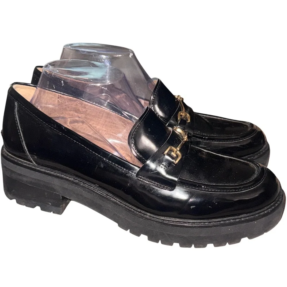 Sam Edelman Black Patent Leather Horsebit Lug Sole Loafers Women's Size 9